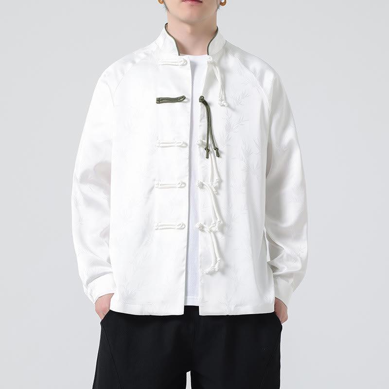 Buddha Stones春ジャカード竹の葉柄中国風カエルボタンデザインメンズ長袖シャツ - 白 - US/UK/AU46、 EU56 (5XL) - image 12