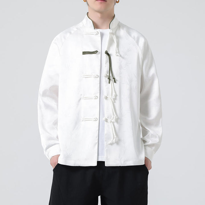 Buddha Stones春ジャカード竹の葉柄中国風カエルボタンデザインメンズ長袖シャツ - 白 - US/UK/AU46、 EU56 (5XL) - image 12
