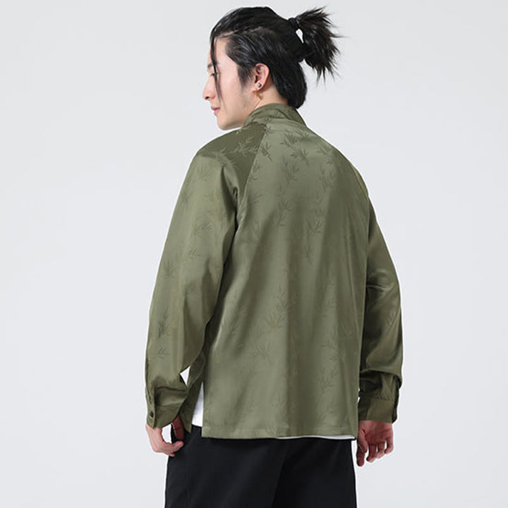 Buddha Stones春ジャカード竹の葉柄中国風カエルボタンデザインメンズ長袖シャツ - image 4