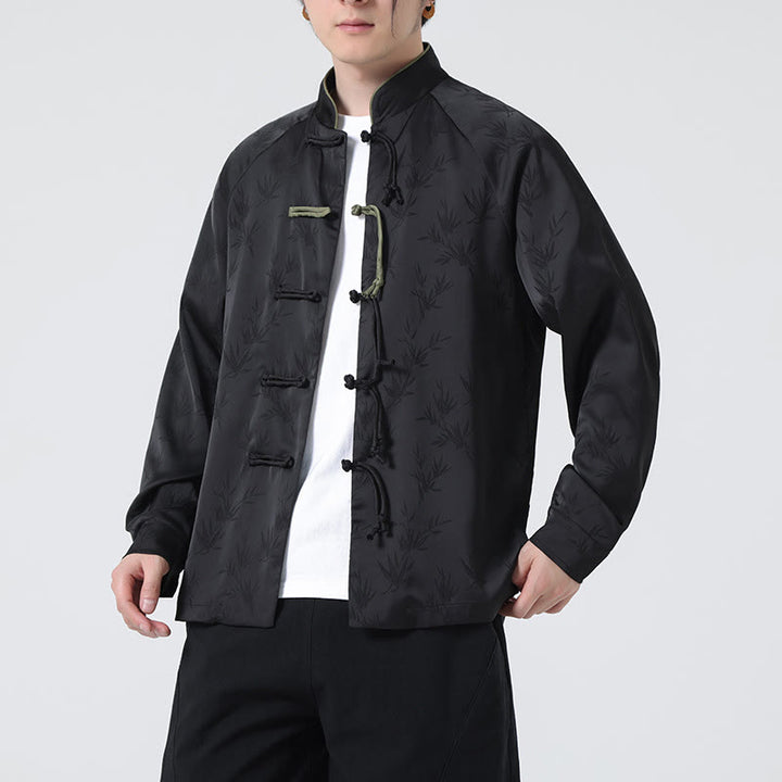 Buddha Stones春ジャカード竹の葉柄中国風カエルボタンデザインメンズ長袖シャツ - image 20