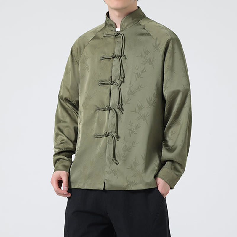 Buddha Stones春ジャカード竹の葉柄中国風カエルボタンデザインメンズ長袖シャツ - image 3