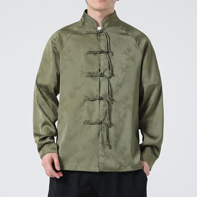 Buddha Stones春ジャカード竹の葉柄中国風カエルボタンデザインメンズ長袖シャツ - image 2