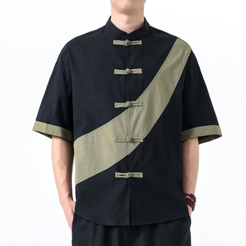 Buddha Stones春のカラーコントラスト 中国風フロッグボタンデザイン メンズ 半袖 コットンリネンシャツ - image 2