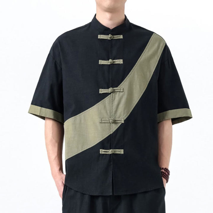 Buddha Stones春のカラーコントラスト 中国風フロッグボタンデザイン メンズ 半袖 コットンリネンシャツ - image 2