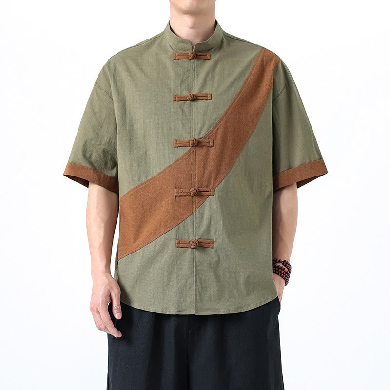 Buddha Stones春のカラーコントラスト 中国風フロッグボタンデザイン メンズ 半袖 コットンリネンシャツ