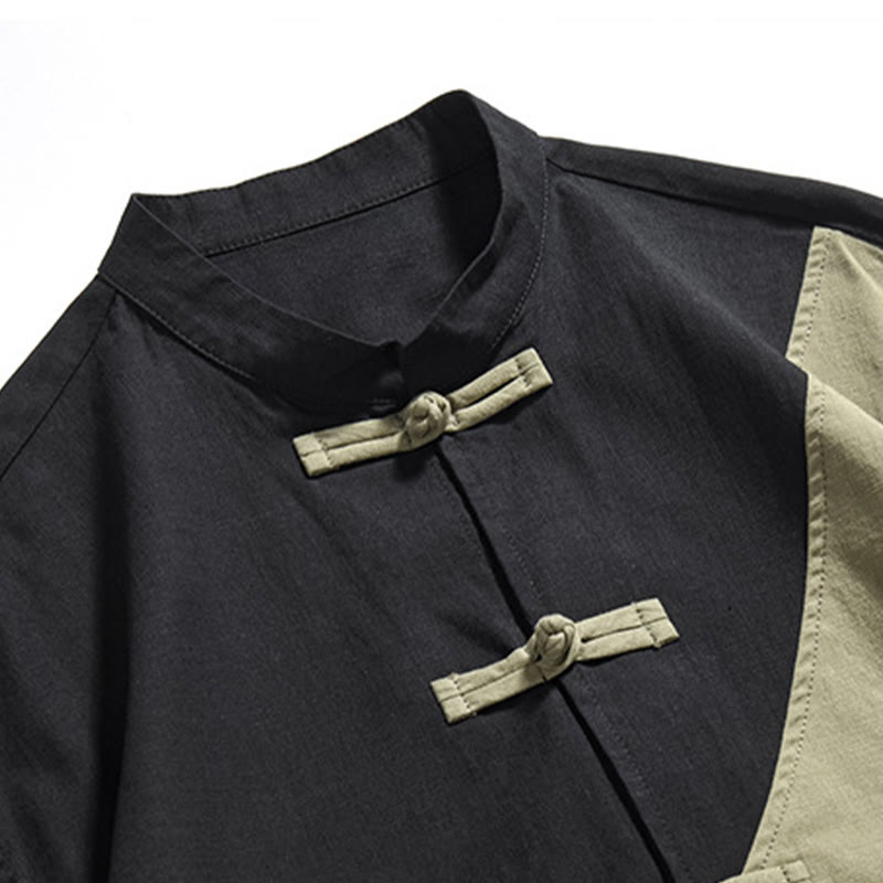 Buddha Stones春のカラーコントラスト 中国風フロッグボタンデザイン メンズ 半袖 コットンリネンシャツ - image 7