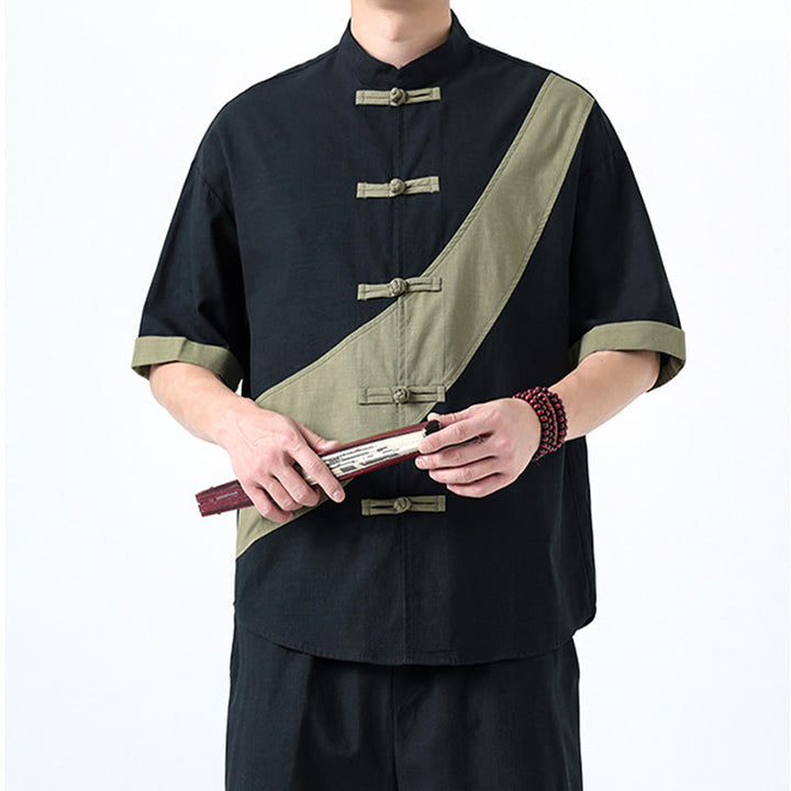 Buddha Stones春のカラーコントラスト 中国風フロッグボタンデザイン メンズ 半袖 コットンリネンシャツ - image 5