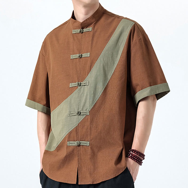 Buddha Stones春のカラーコントラスト 中国風フロッグボタンデザイン メンズ 半袖 コットンリネンシャツ - image 22