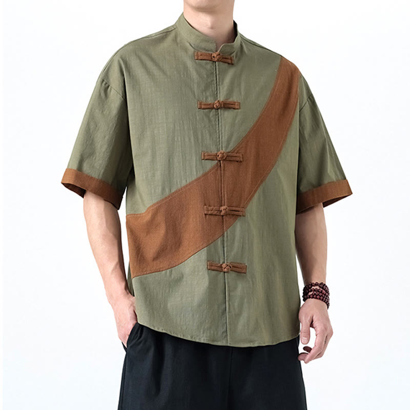 Buddha Stones春のカラーコントラスト 中国風フロッグボタンデザイン メンズ 半袖 コットンリネンシャツ - image 13