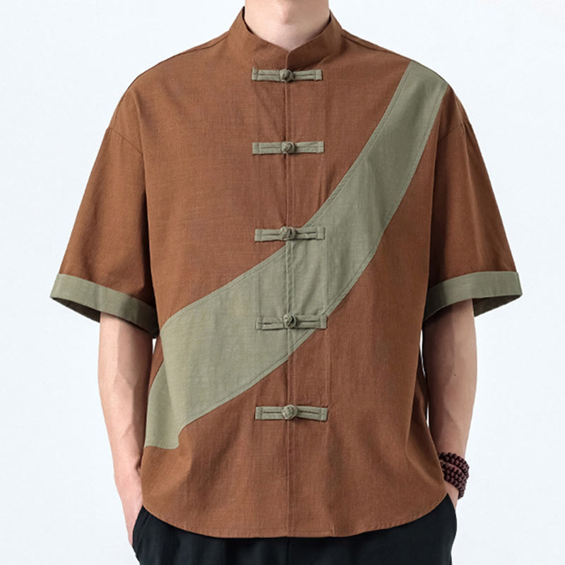 Buddha Stones春のカラーコントラスト 中国風フロッグボタンデザイン メンズ 半袖 コットンリネンシャツ - image 23