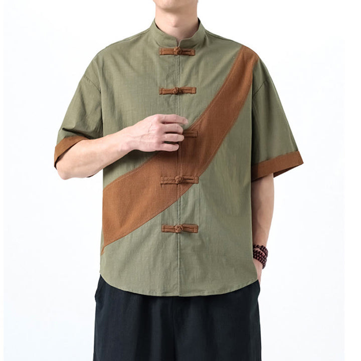Buddha Stones春のカラーコントラスト 中国風フロッグボタンデザイン メンズ 半袖 コットンリネンシャツ - image 14