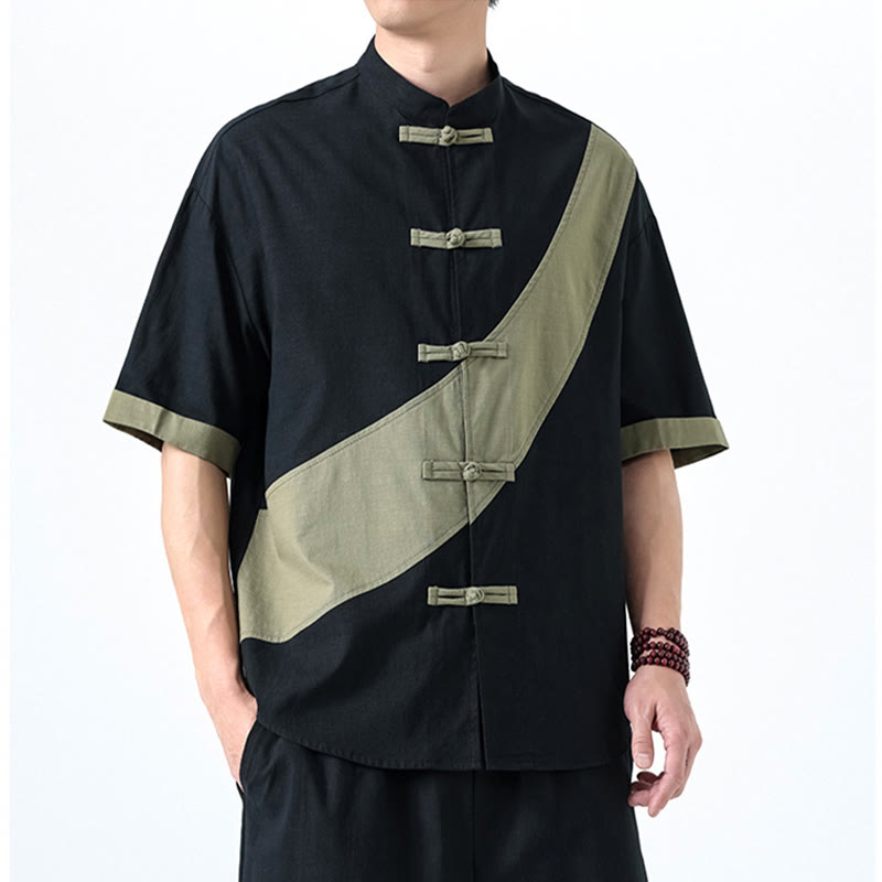 Buddha Stones春のカラーコントラスト 中国風フロッグボタンデザイン メンズ 半袖 コットンリネンシャツ - image 4