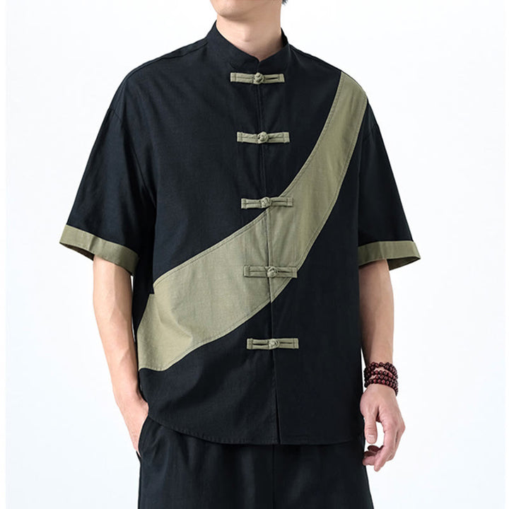 Buddha Stones春のカラーコントラスト 中国風フロッグボタンデザイン メンズ 半袖 コットンリネンシャツ - image 4