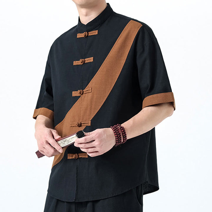 Buddha Stones春のカラーコントラスト 中国風フロッグボタンデザイン メンズ 半袖 コットンリネンシャツ - image 29