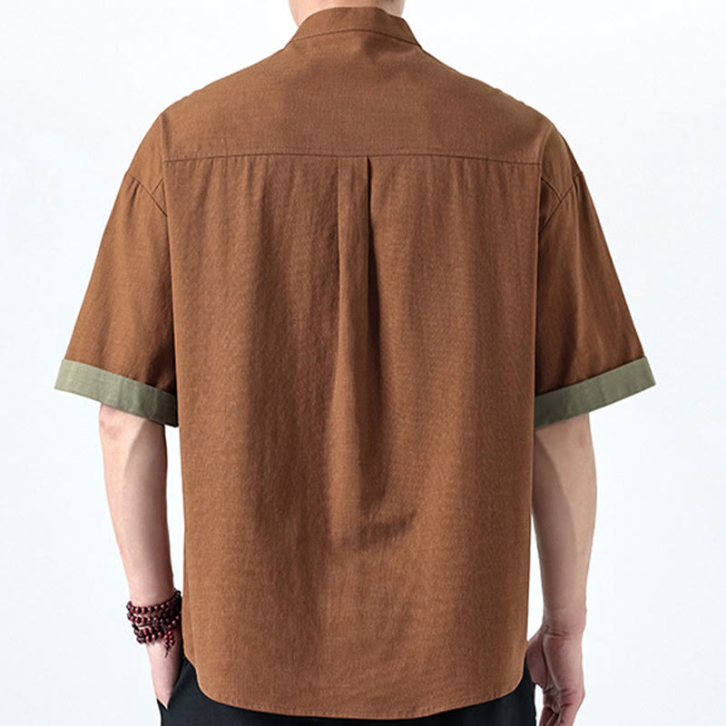 Buddha Stones春のカラーコントラスト 中国風フロッグボタンデザイン メンズ 半袖 コットンリネンシャツ - image 24