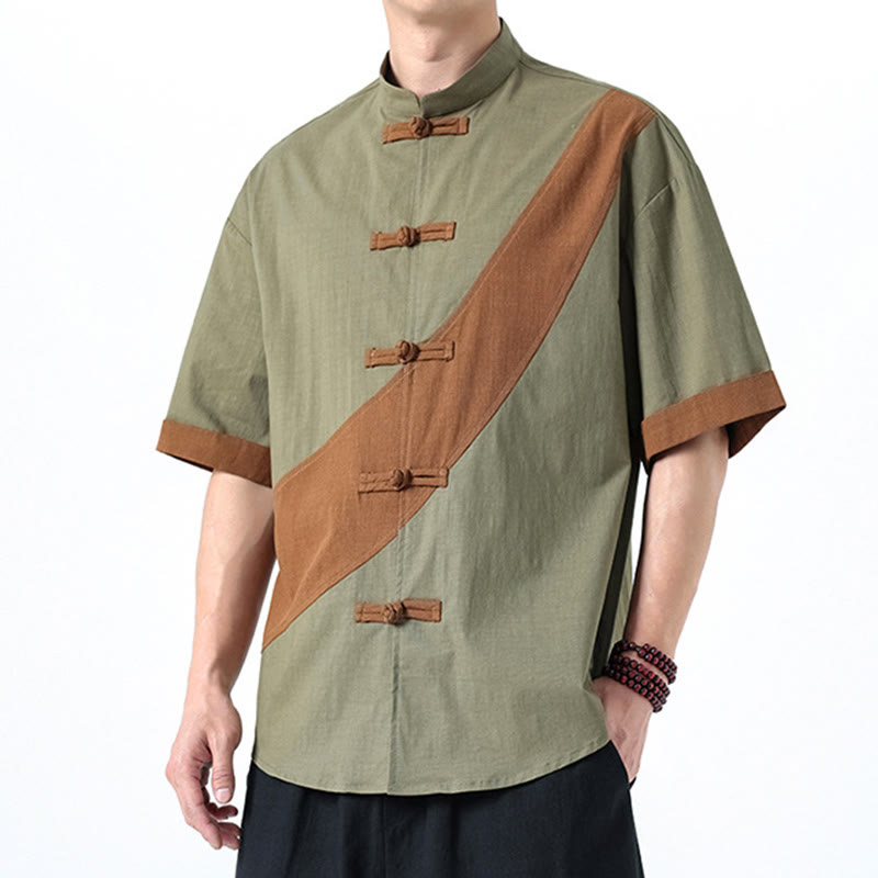 Buddha Stones春のカラーコントラスト 中国風フロッグボタンデザイン メンズ 半袖 コットンリネンシャツ - image 11
