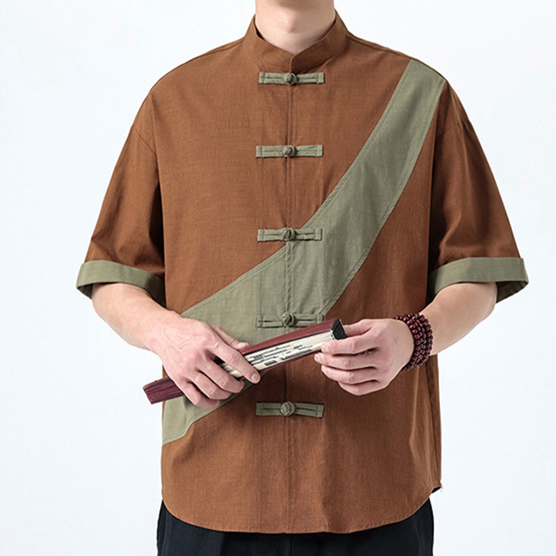 Buddha Stones春のカラーコントラスト 中国風フロッグボタンデザイン メンズ 半袖 コットンリネンシャツ - image 25