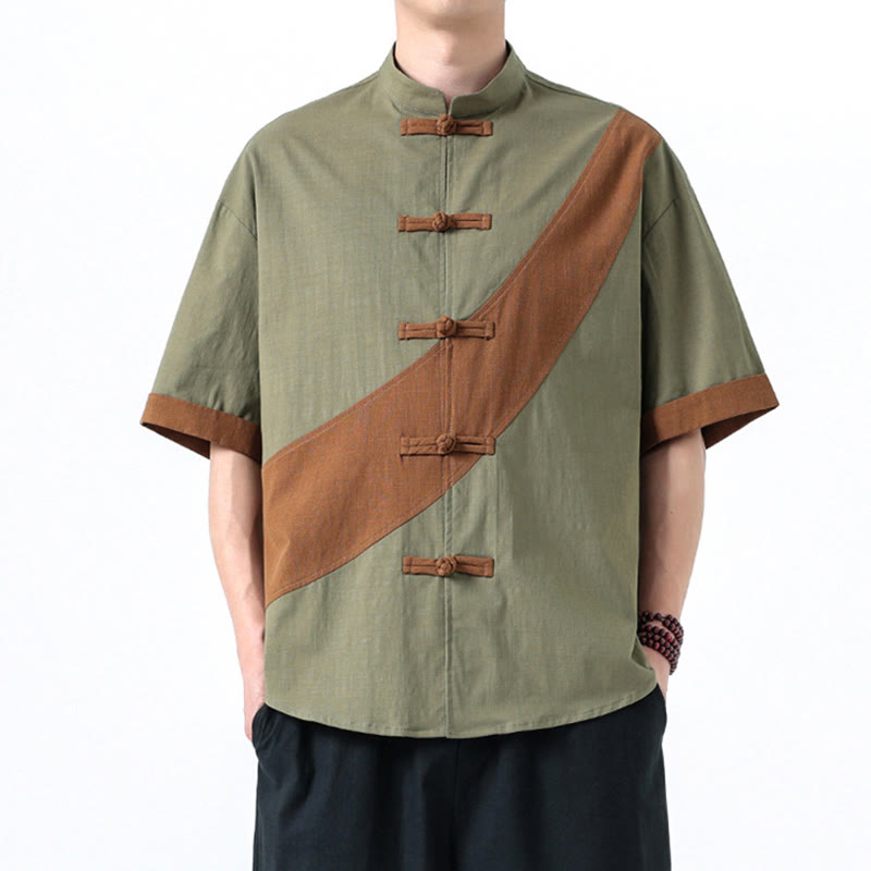 Buddha Stones春のカラーコントラスト 中国風フロッグボタンデザイン メンズ 半袖 コットンリネンシャツ - image 12