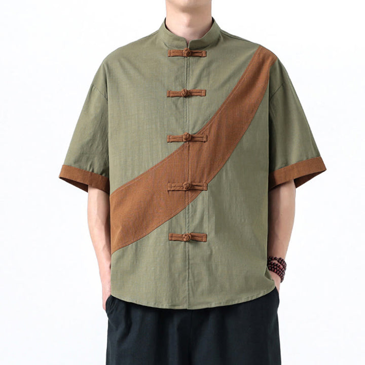 Buddha Stones春のカラーコントラスト 中国風フロッグボタンデザイン メンズ 半袖 コットンリネンシャツ - image 12