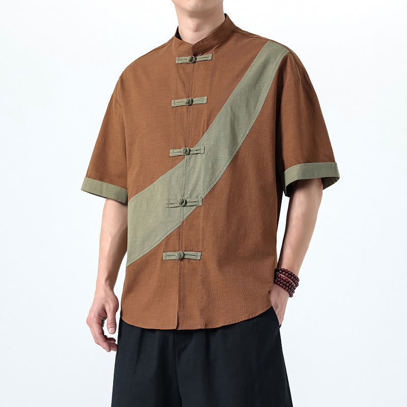Buddha Stones春のカラーコントラスト 中国風フロッグボタンデザイン メンズ 半袖 コットンリネンシャツ