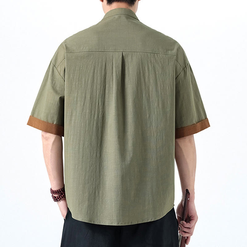 Buddha Stones春のカラーコントラスト 中国風フロッグボタンデザイン メンズ 半袖 コットンリネンシャツ - image 15