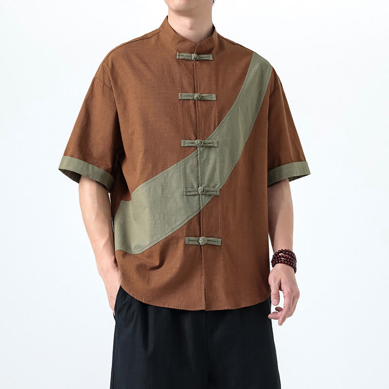 Buddha Stones春のカラーコントラスト 中国風フロッグボタンデザイン メンズ 半袖 コットンリネンシャツ - image 21