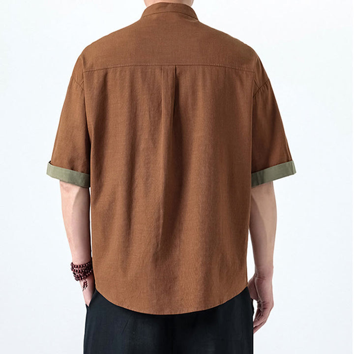 Buddha Stonesカジュアルカラーマッチング中国カエルボタンデザイン唐装メンズ半袖コットンリネンシャツ - image 16