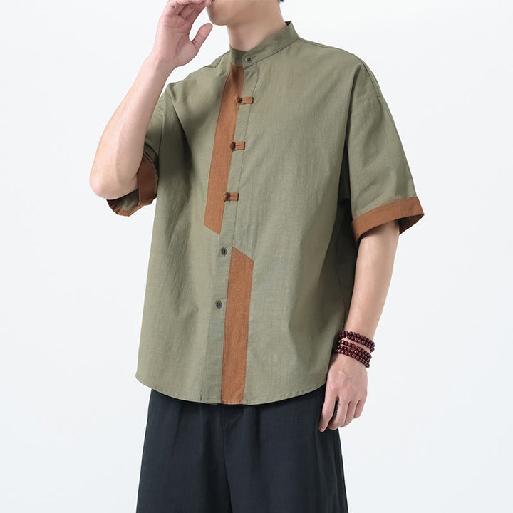 Buddha Stonesカジュアルカラーマッチング中国カエルボタンデザイン唐装メンズ半袖コットンリネンシャツ - image 11