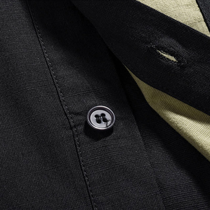 Buddha Stonesカジュアルカラーマッチング中国カエルボタンデザイン唐装メンズ半袖コットンリネンシャツ - image 27