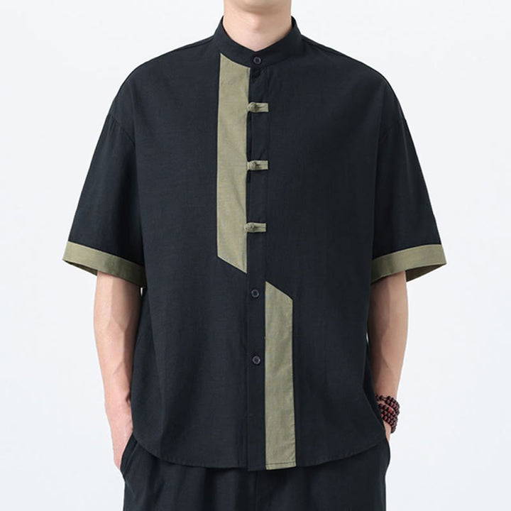Buddha Stonesカジュアルカラーマッチング中国カエルボタンデザイン唐装メンズ半袖コットンリネンシャツ - image 23