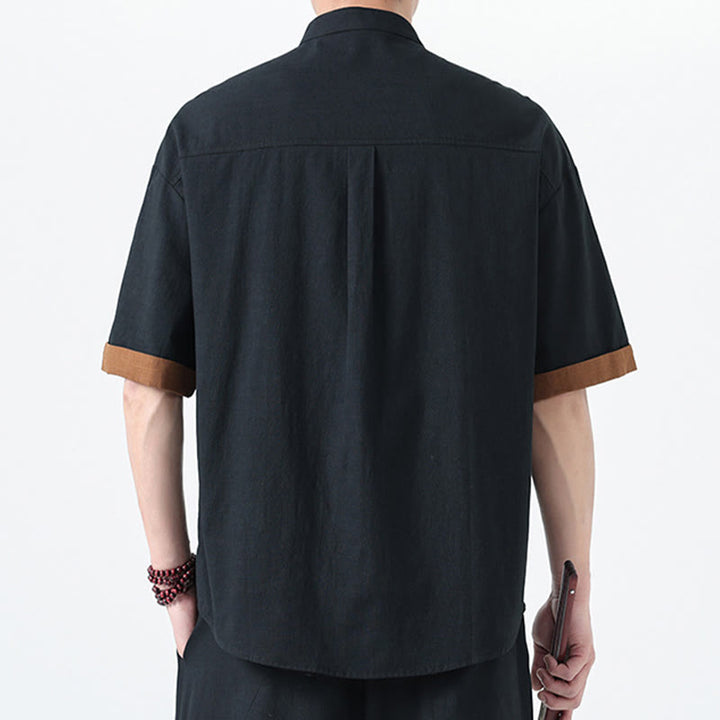 Buddha Stonesカジュアルカラーマッチング中国カエルボタンデザイン唐装メンズ半袖コットンリネンシャツ - image 2