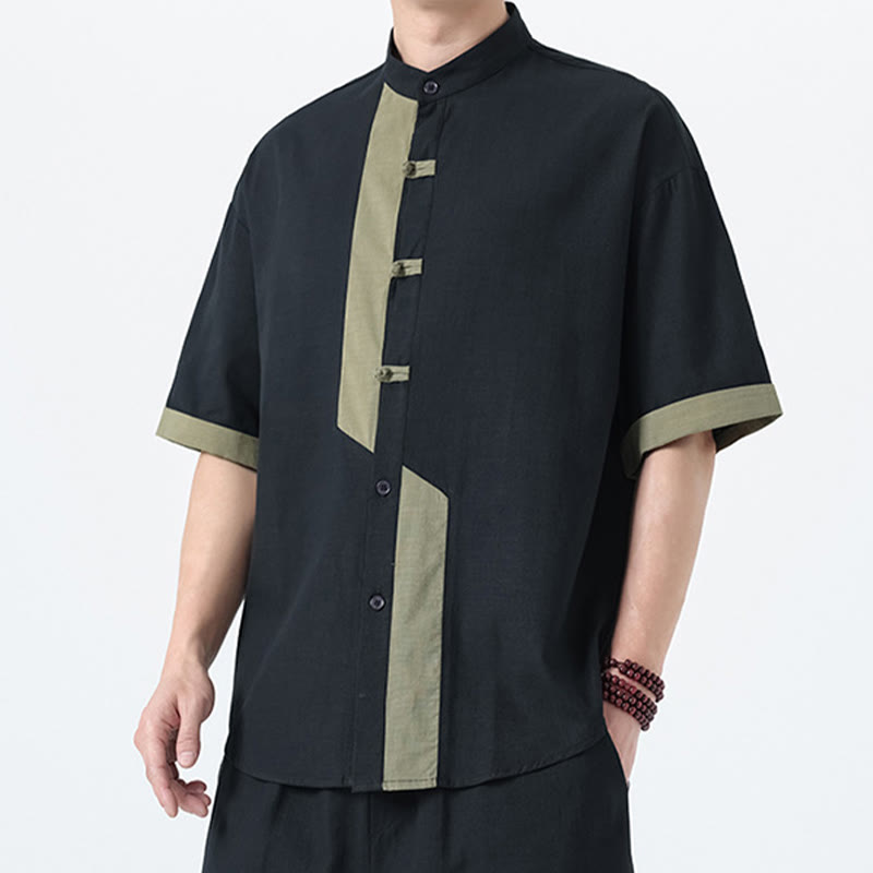 Buddha Stonesカジュアルカラーマッチング中国カエルボタンデザイン唐装メンズ半袖コットンリネンシャツ