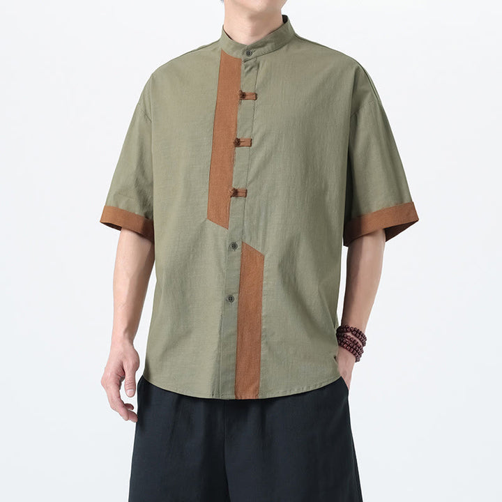 Buddha Stonesカジュアルカラーマッチング中国カエルボタンデザイン唐装メンズ半袖コットンリネンシャツ - image 12