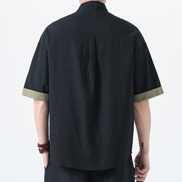 Buddha Stonesカジュアルカラーマッチング中国カエルボタンデザイン唐装メンズ半袖コットンリネンシャツ - image 24