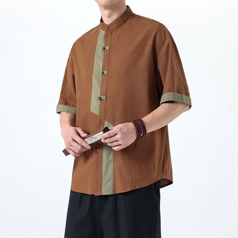 Buddha Stonesカジュアルカラーマッチング中国カエルボタンデザイン唐装メンズ半袖コットンリネンシャツ