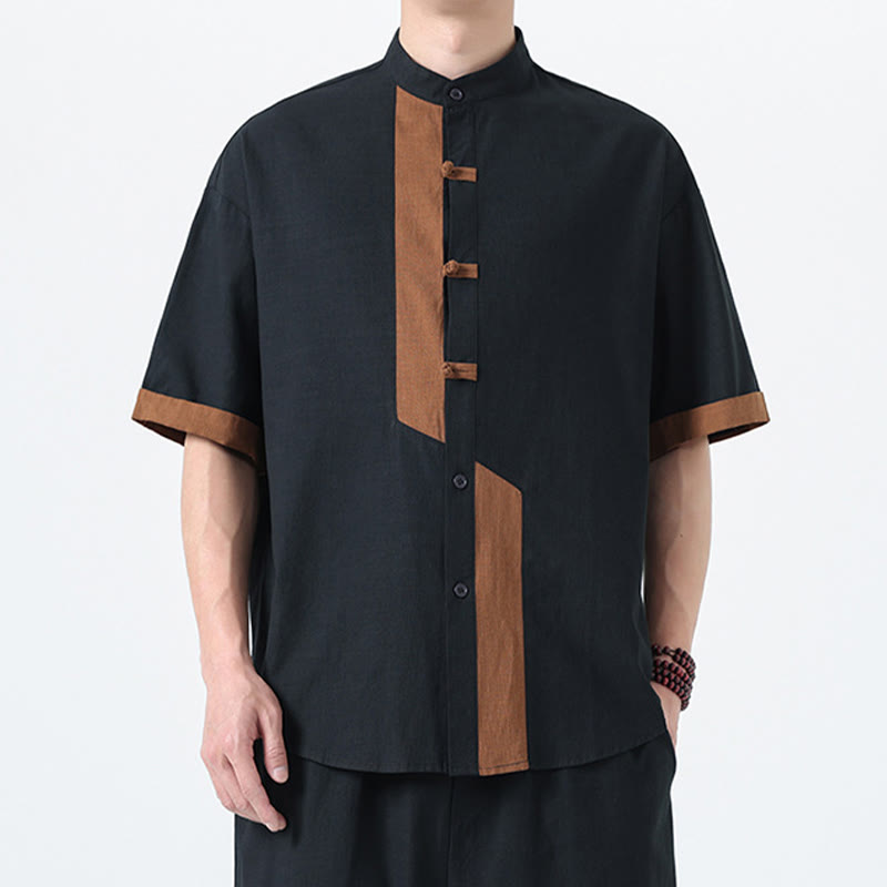 Buddha Stonesカジュアルカラーマッチング中国カエルボタンデザイン唐装メンズ半袖コットンリネンシャツ - image 1