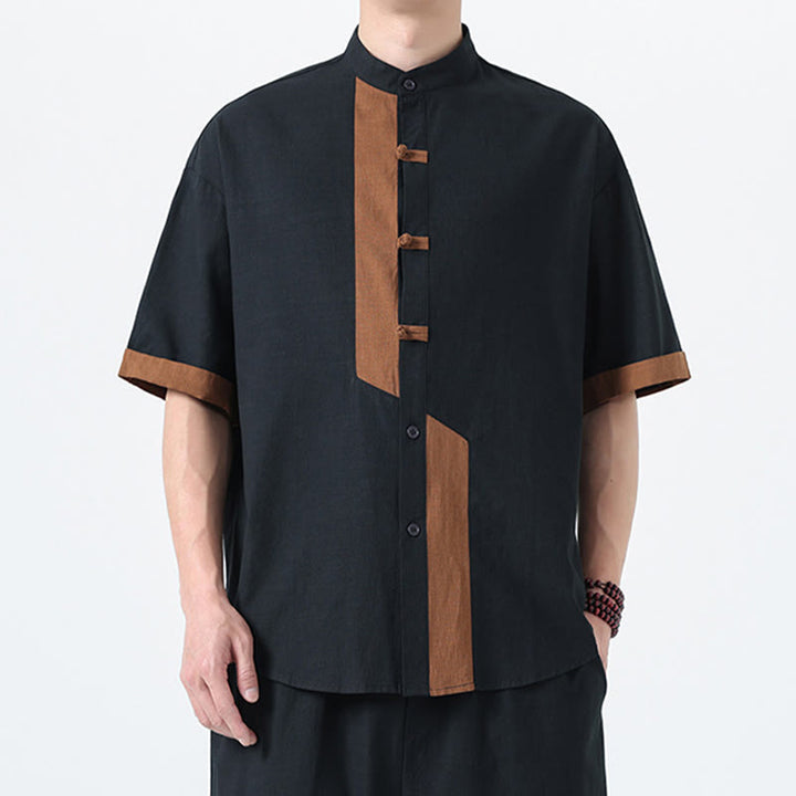 Buddha Stonesカジュアルカラーマッチング中国カエルボタンデザイン唐装メンズ半袖コットンリネンシャツ - image 1