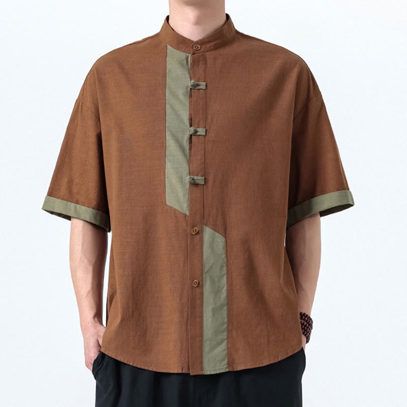 Buddha Stonesカジュアルカラーマッチング中国カエルボタンデザイン唐装メンズ半袖コットンリネンシャツ