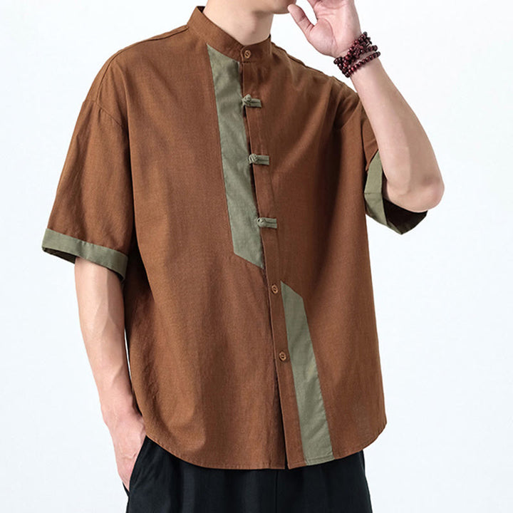 Buddha Stonesカジュアルカラーマッチング中国カエルボタンデザイン唐装メンズ半袖コットンリネンシャツ - image 18