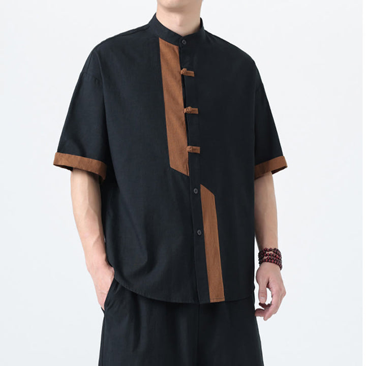Buddha Stonesカジュアルカラーマッチング中国カエルボタンデザイン唐装メンズ半袖コットンリネンシャツ - image 6