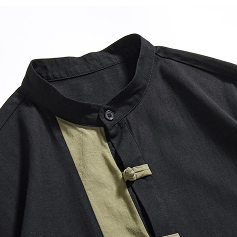 Buddha Stonesカジュアルカラーマッチング中国カエルボタンデザイン唐装メンズ半袖コットンリネンシャツ - image 26