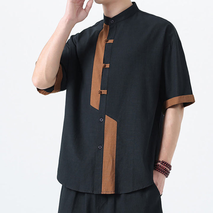 Buddha Stonesカジュアルカラーマッチング中国カエルボタンデザイン唐装メンズ半袖コットンリネンシャツ - image 3