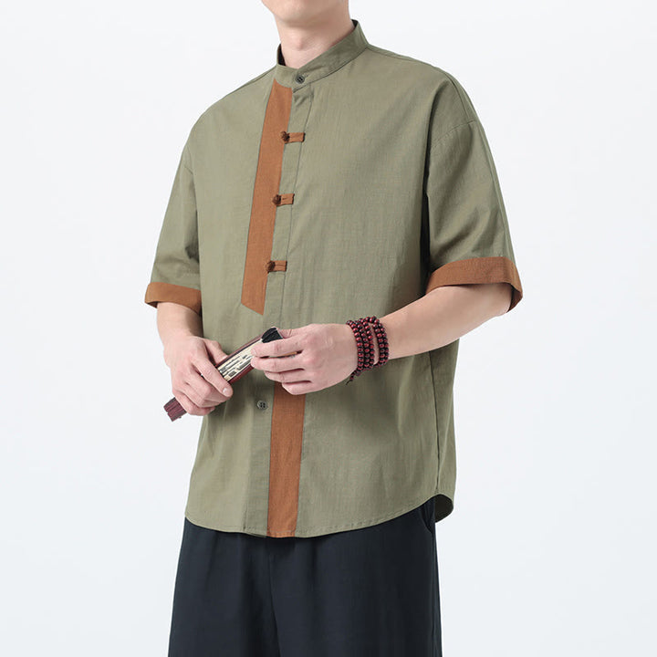 Buddha Stonesカジュアルカラーマッチング中国カエルボタンデザイン唐装メンズ半袖コットンリネンシャツ - image 8