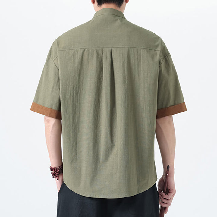 Buddha Stonesカジュアルカラーマッチング中国カエルボタンデザイン唐装メンズ半袖コットンリネンシャツ - image 10