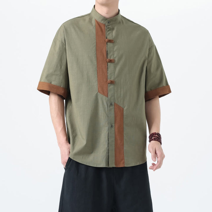 Buddha Stonesカジュアルカラーマッチング中国カエルボタンデザイン唐装メンズ半袖コットンリネンシャツ - image 13