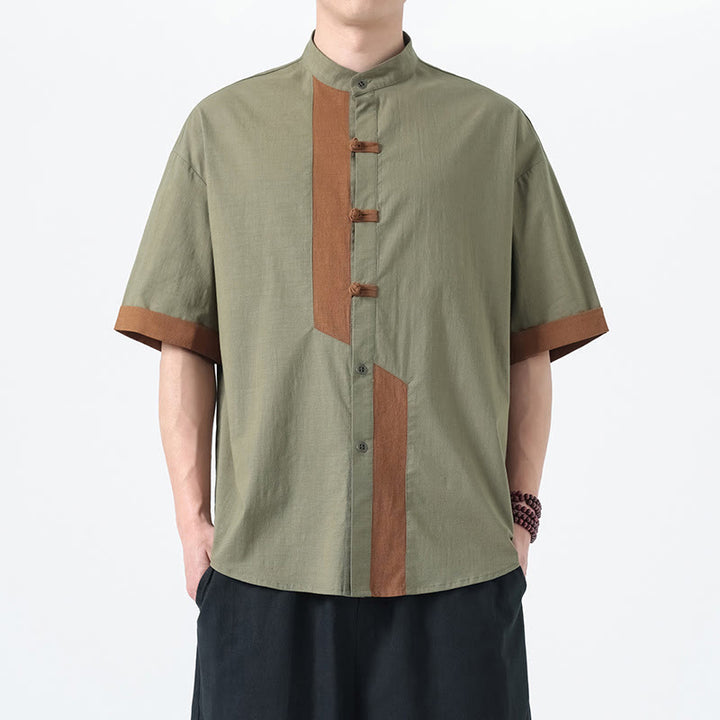 Buddha Stonesカジュアルカラーマッチング中国カエルボタンデザイン唐装メンズ半袖コットンリネンシャツ - image 9