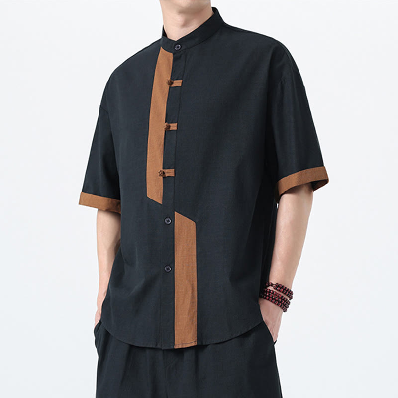 Buddha Stonesカジュアルカラーマッチング中国カエルボタンデザイン唐装メンズ半袖コットンリネンシャツ - image 5