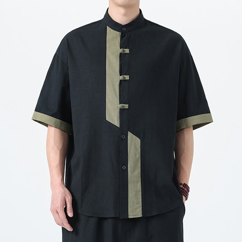 Buddha Stonesカジュアルカラーマッチング中国カエルボタンデザイン唐装メンズ半袖コットンリネンシャツ - image 22