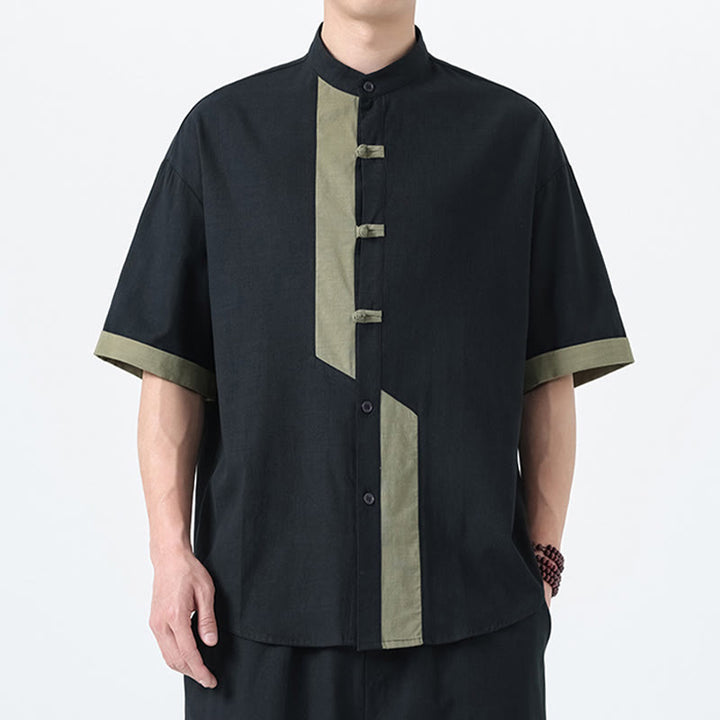 Buddha Stonesカジュアルカラーマッチング中国カエルボタンデザイン唐装メンズ半袖コットンリネンシャツ - image 22
