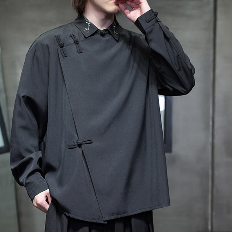 Buddha Stonesヴィンテージ純色中国風カエルボタンデザイン刺繍ラペルメンズ長袖シャツ - image 4